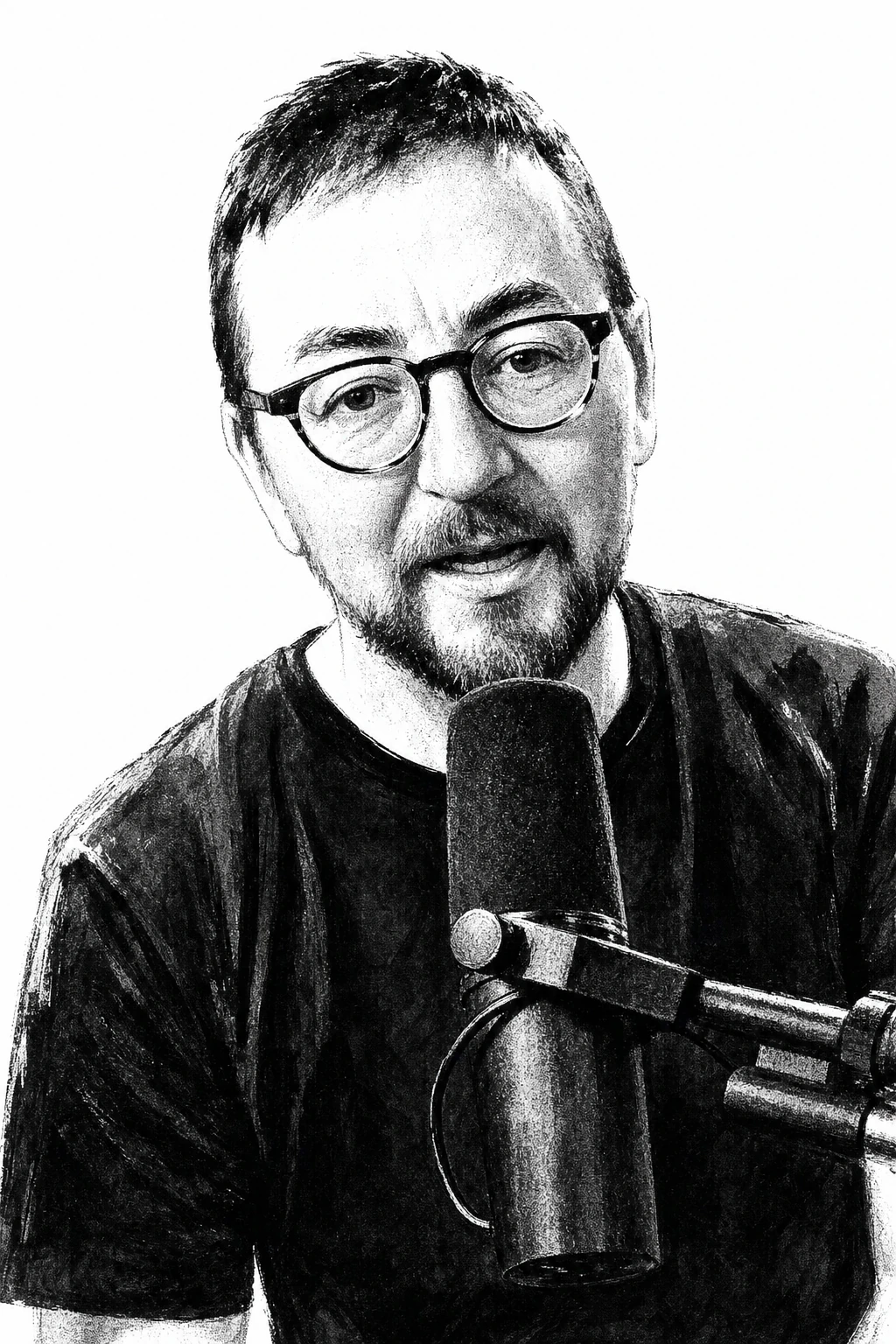 Ink illustration of Gareth Paul Jones speaking into a microphone, adapted from his photograph.