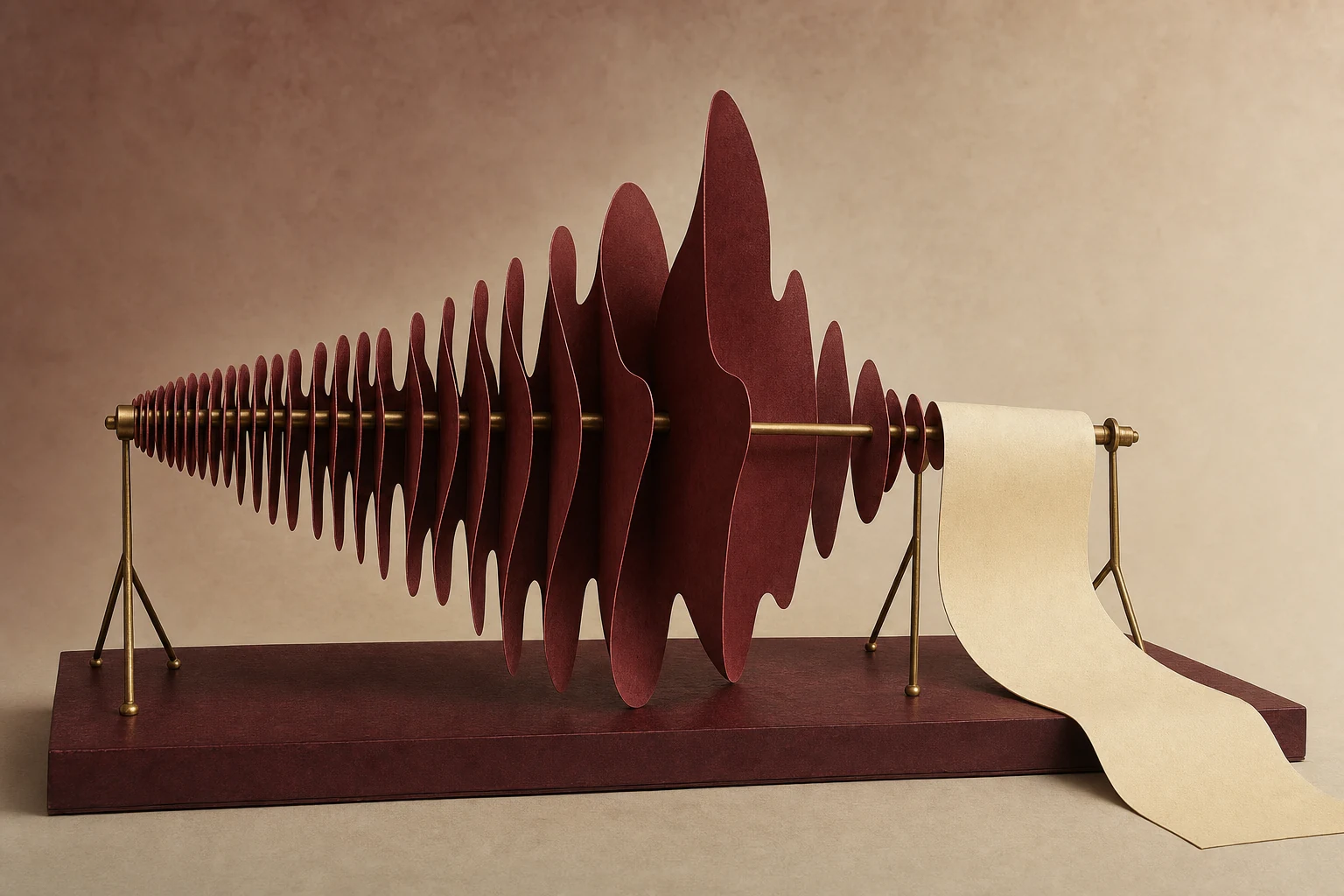 An imaginary acoustic instrument: oxblood paper fins form a sound wave along a brass spindle, unfurling into an ivory ribbon.