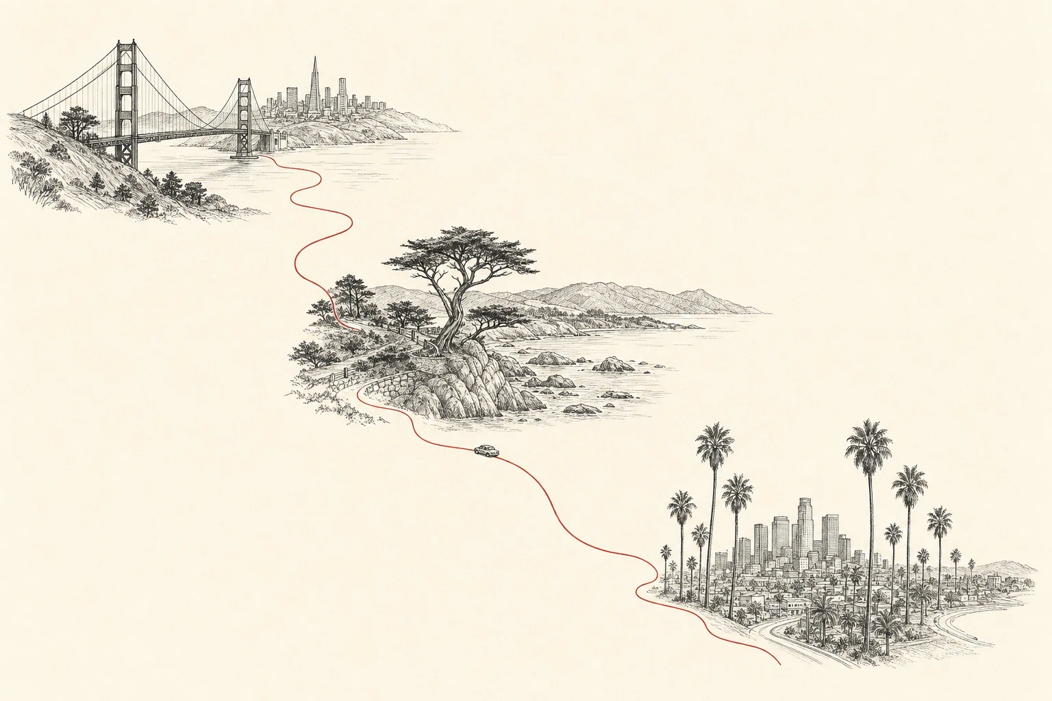 Illustration of a coastal journey from San Francisco through Carmel to Los Angeles
