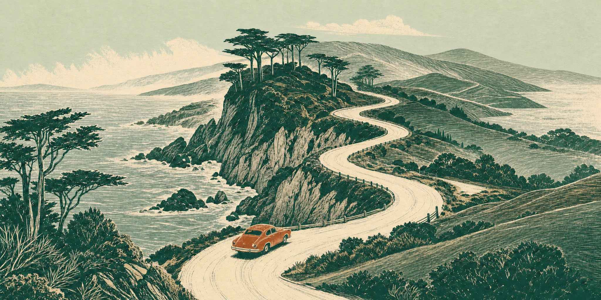 Illustrated cover: a rust-colored car follows a winding road past a cypress-covered coastal headland