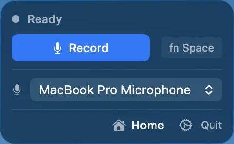 Actual JonesAudio menu showing Ready, Record, fn Space, and microphone selection.