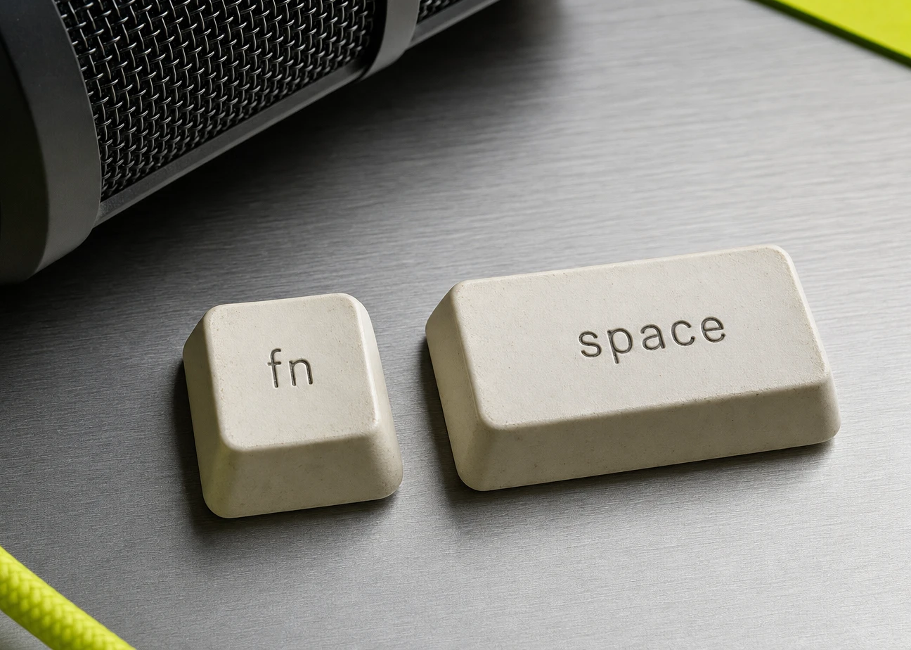 Illustration of fn and space keycaps beside a microphone on brushed aluminium. These are not JonesAudio hardware.
