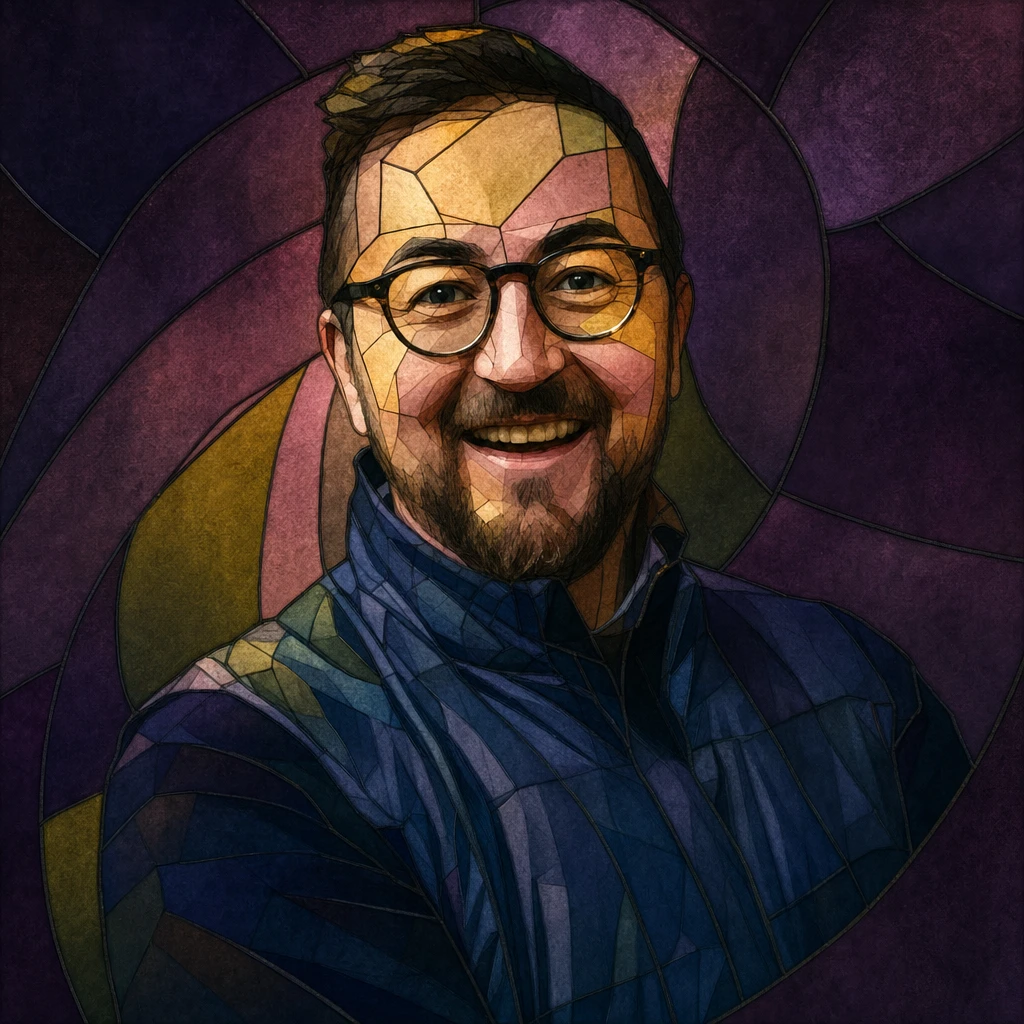 Stained-glass-inspired portrait preserving Gareth’s glasses, beard and smile