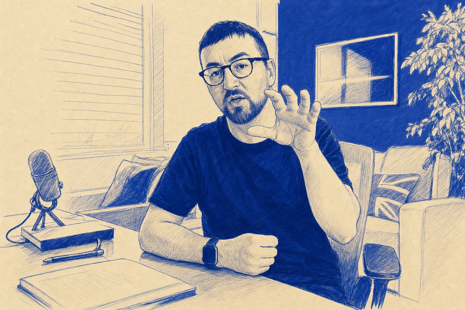 Cobalt ink illustration of Gareth thinking aloud at his desk