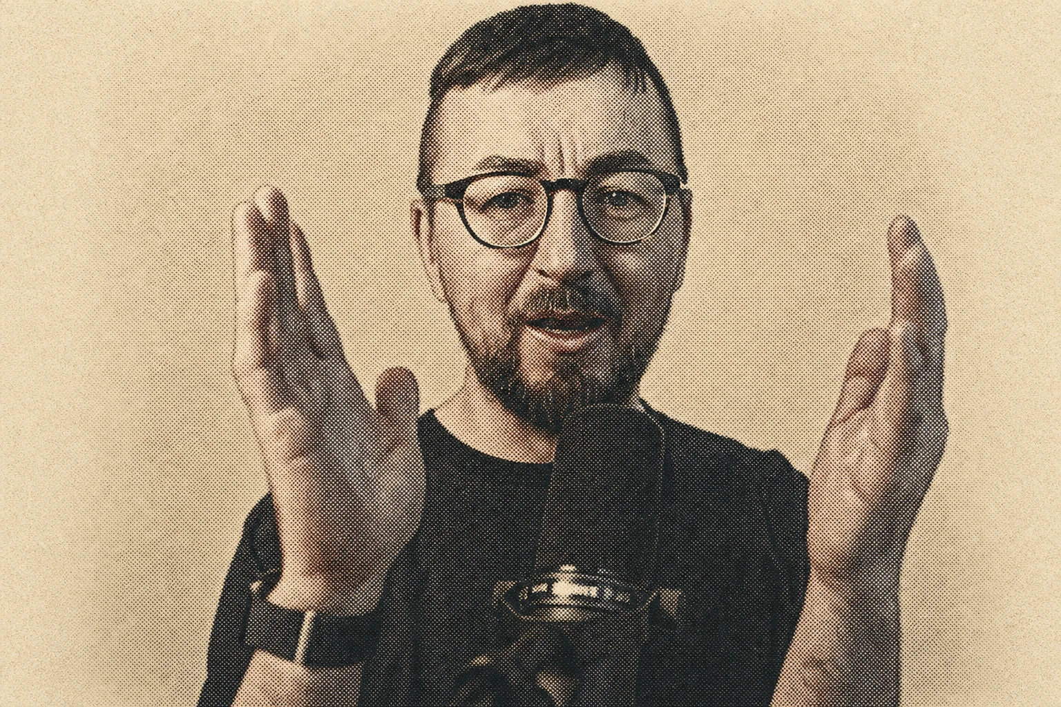 AI-transformed halftone portrait of Gareth gesturing beside a microphone, based on his source photograph