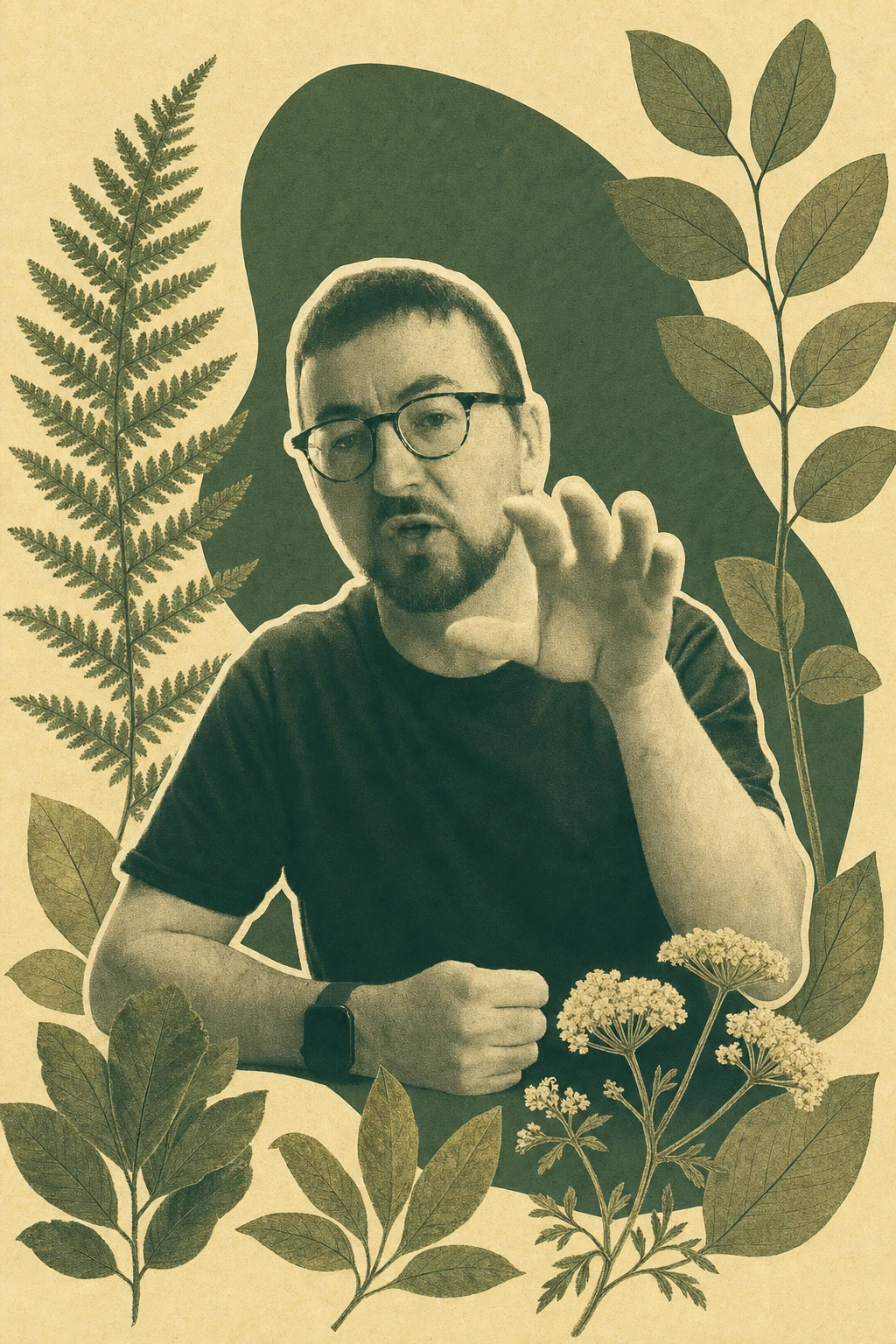 Green duotone portrait of Gareth seated and gesturing