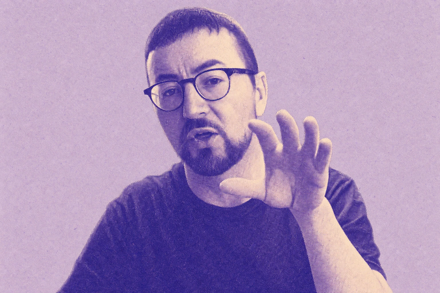 Lavender risograph treatment of Gareth speaking and gesturing