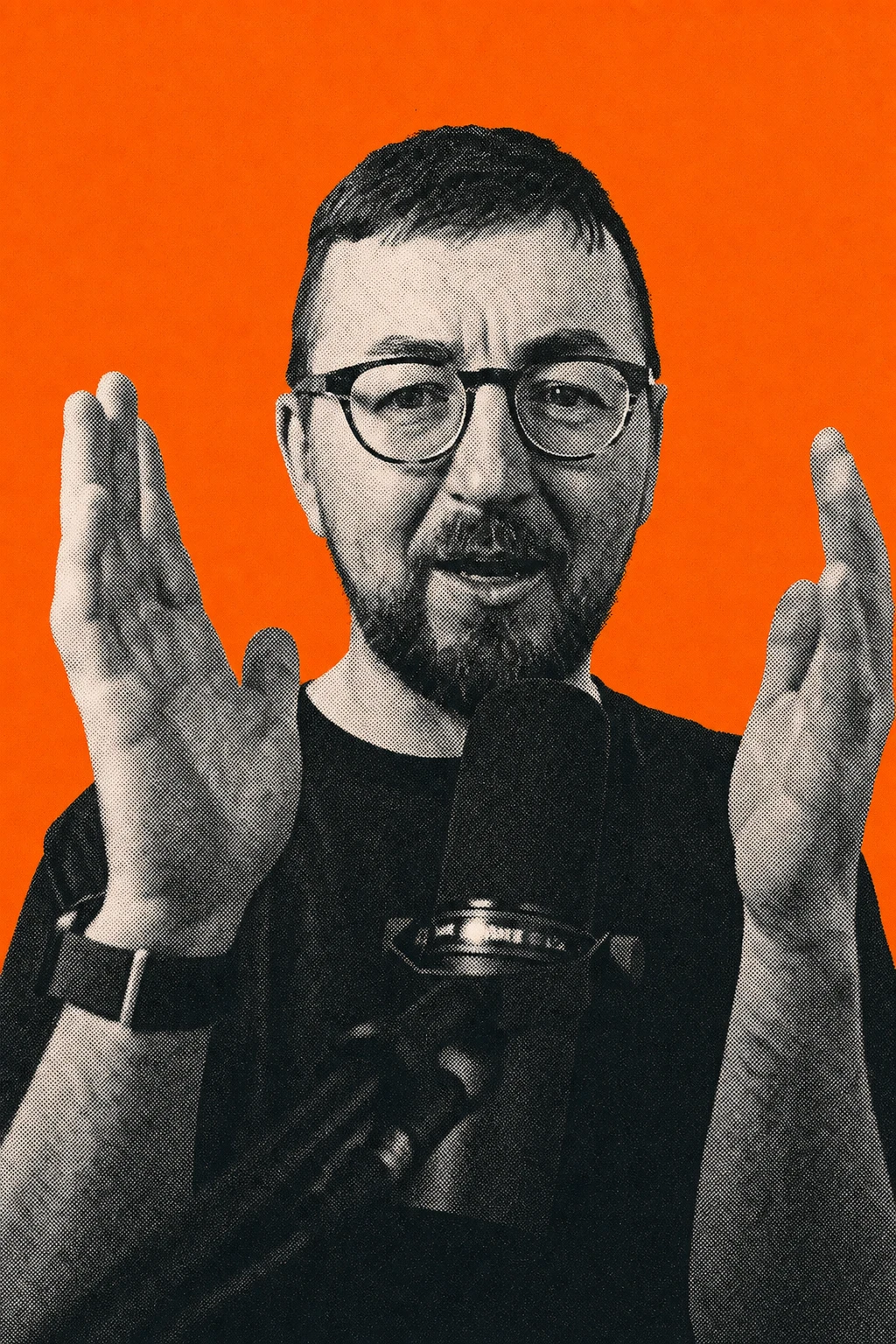 Safety-orange and black screenprinted portrait of Gareth gesturing