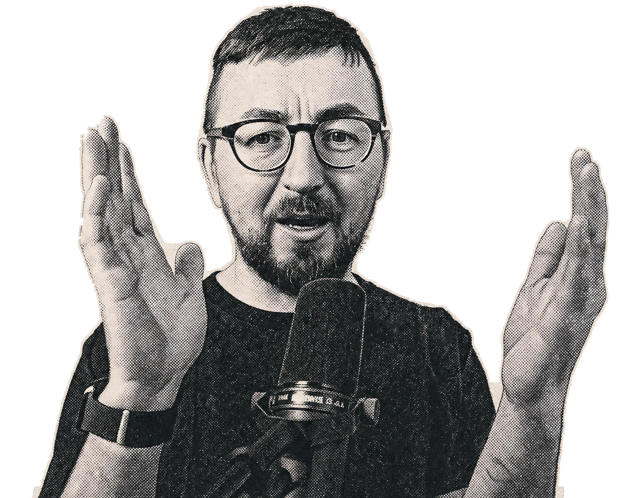 Cut-paper-style illustration of Gareth gesturing with both hands at his microphone, made from his desk photograph