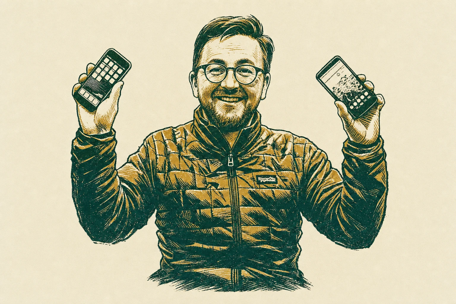 A two-ink linocut interpretation of Gareth smiling and holding up two phones in his 2015 photograph.