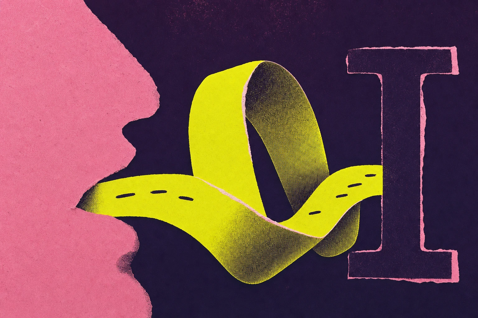 A paper-cut voice becomes an acid-yellow ribbon, looping into a typing cursor.