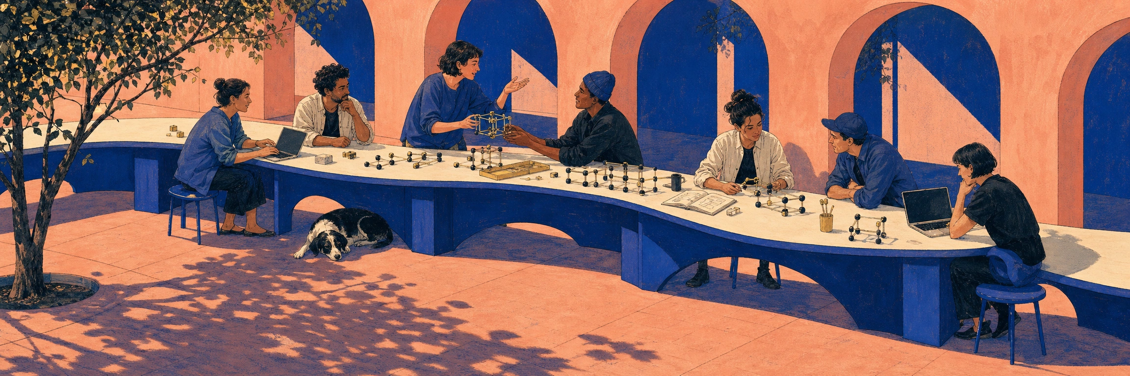 An illustrated open-air workshop: people share a long blue worktable, test connected pieces and compare notes beneath salmon-colored arches. A dog rests in the shade.