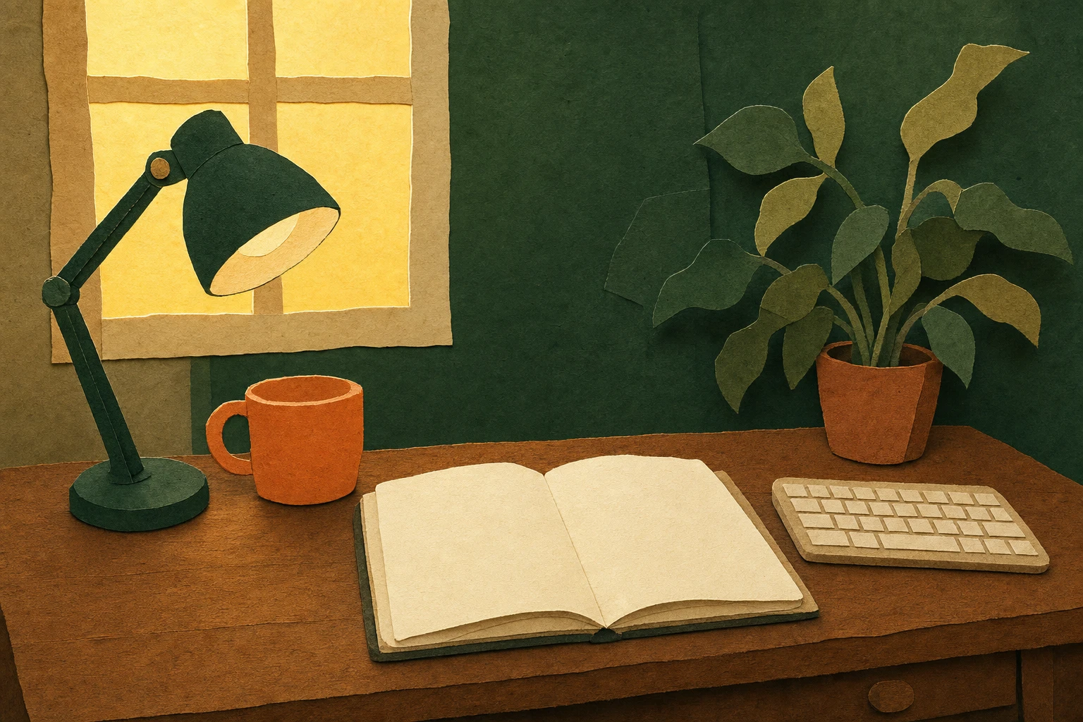 Hand-cut paper illustration of a warmly lit desk with a notebook, keyboard and lamp