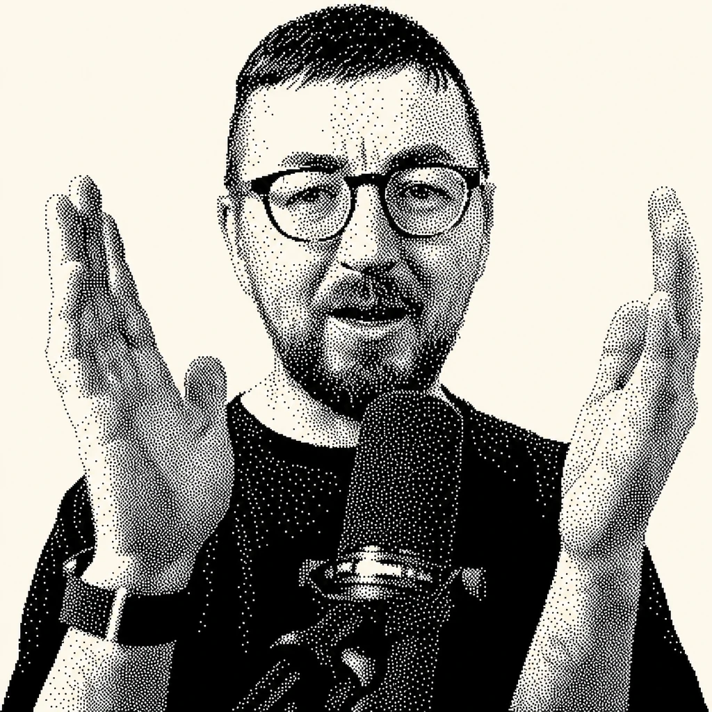 One-bit portrait of Gareth gesturing with both hands beside a microphone