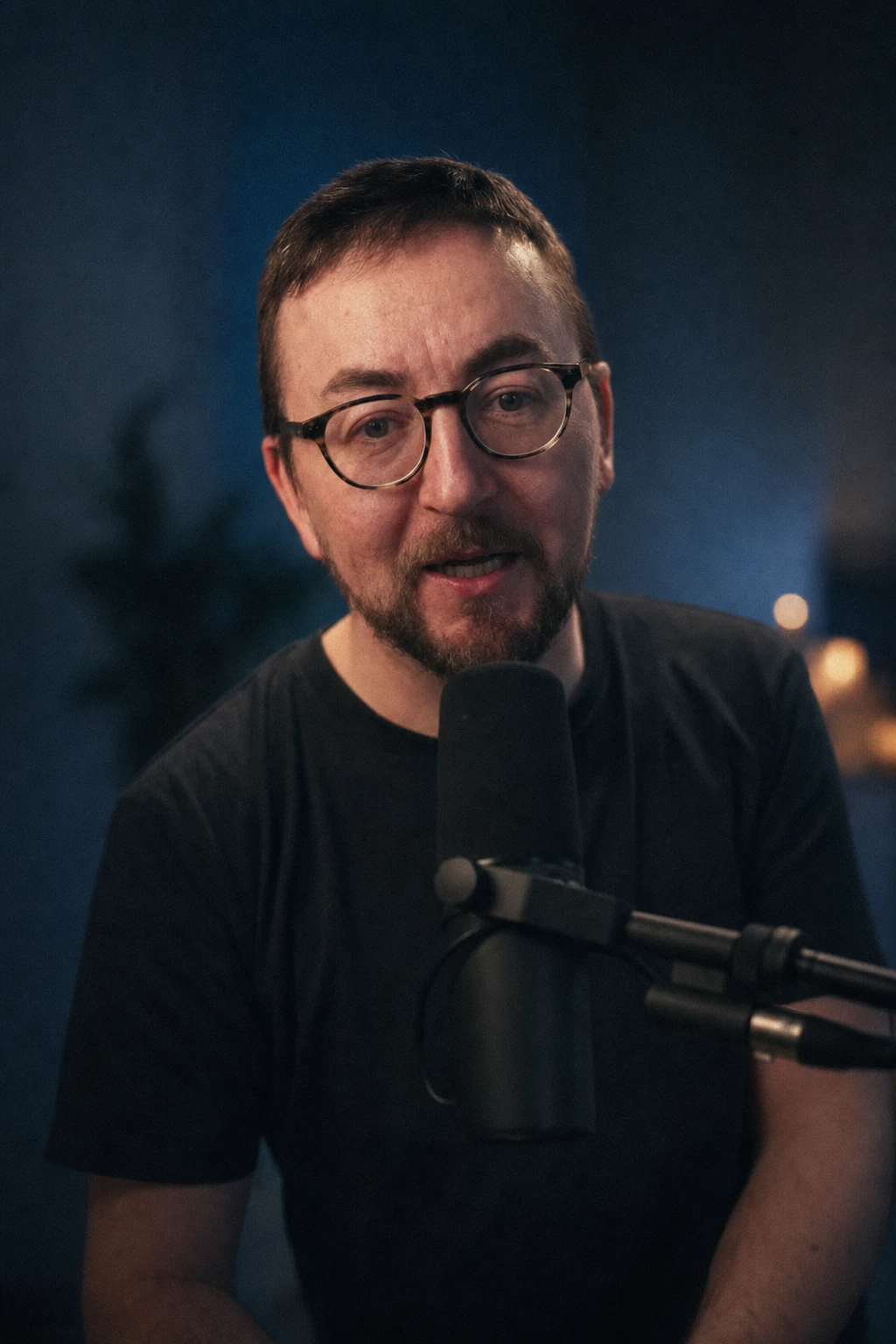 Cool-toned portrait of Gareth at his desk microphone