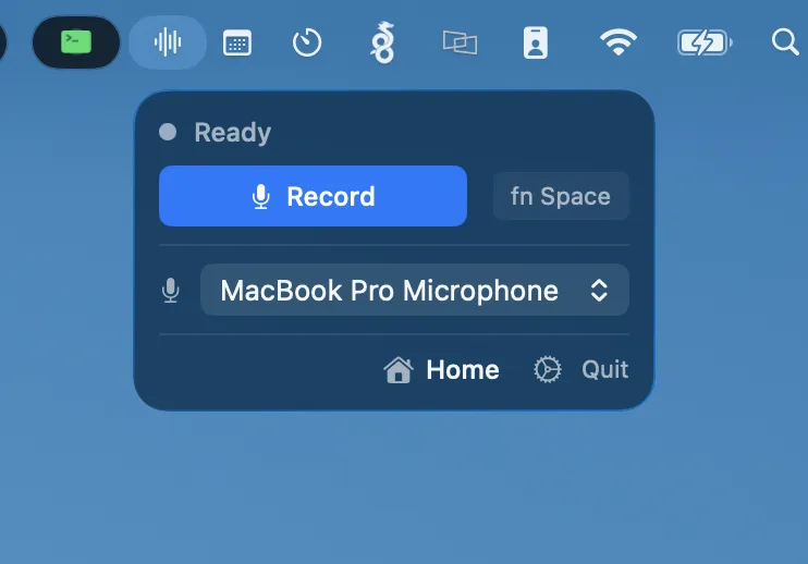 Actual JonesAudio menu showing Record, the fn Space shortcut, and microphone selection.