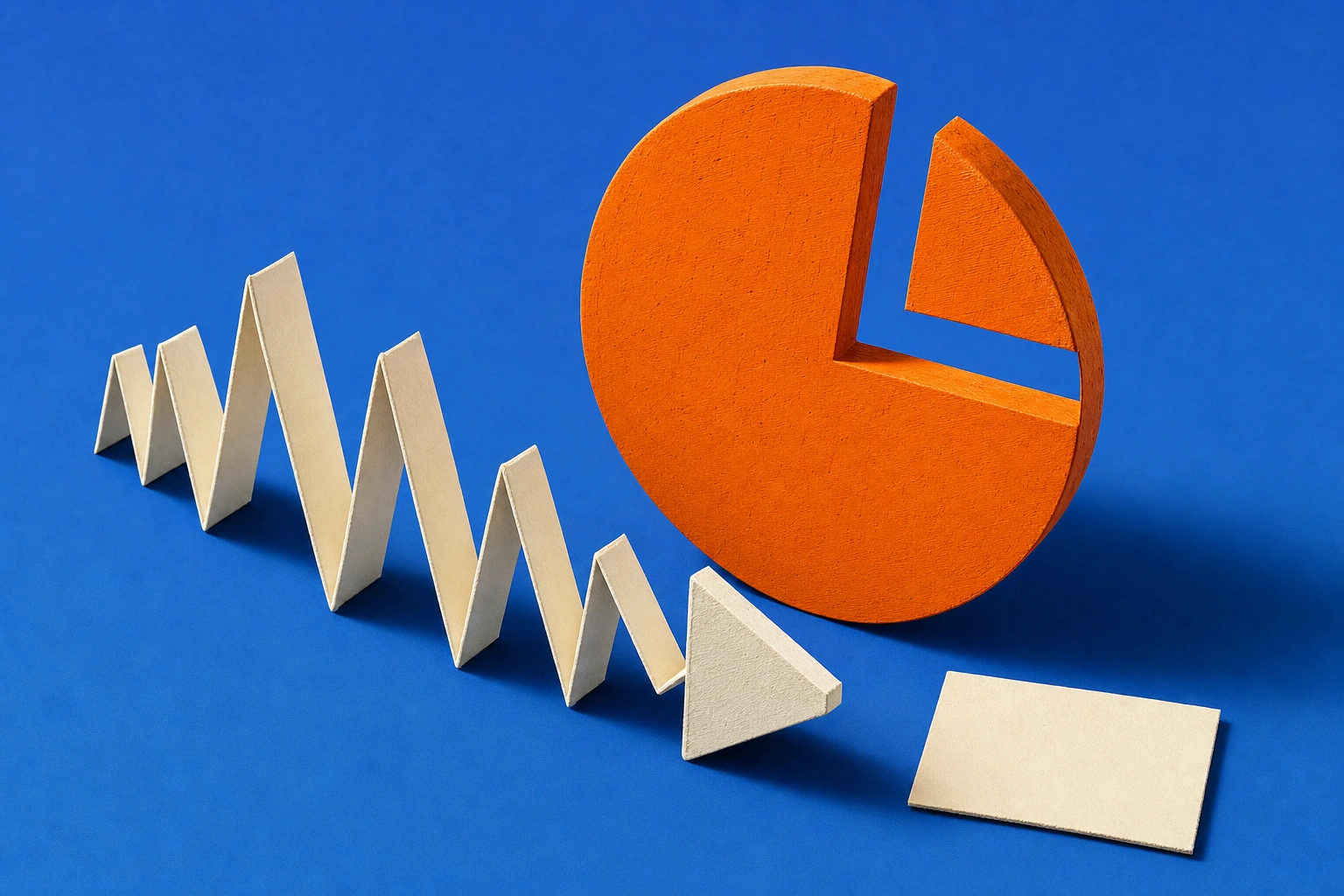 A constructed still-life illustration: an ivory speech ribbon and cursor beside an orange segmented focus dial on cobalt blue.