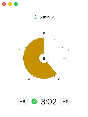FlowTimer’s actual interface: a circular timer, 3:02 until the next check-in, and minus-five and plus-five controls.