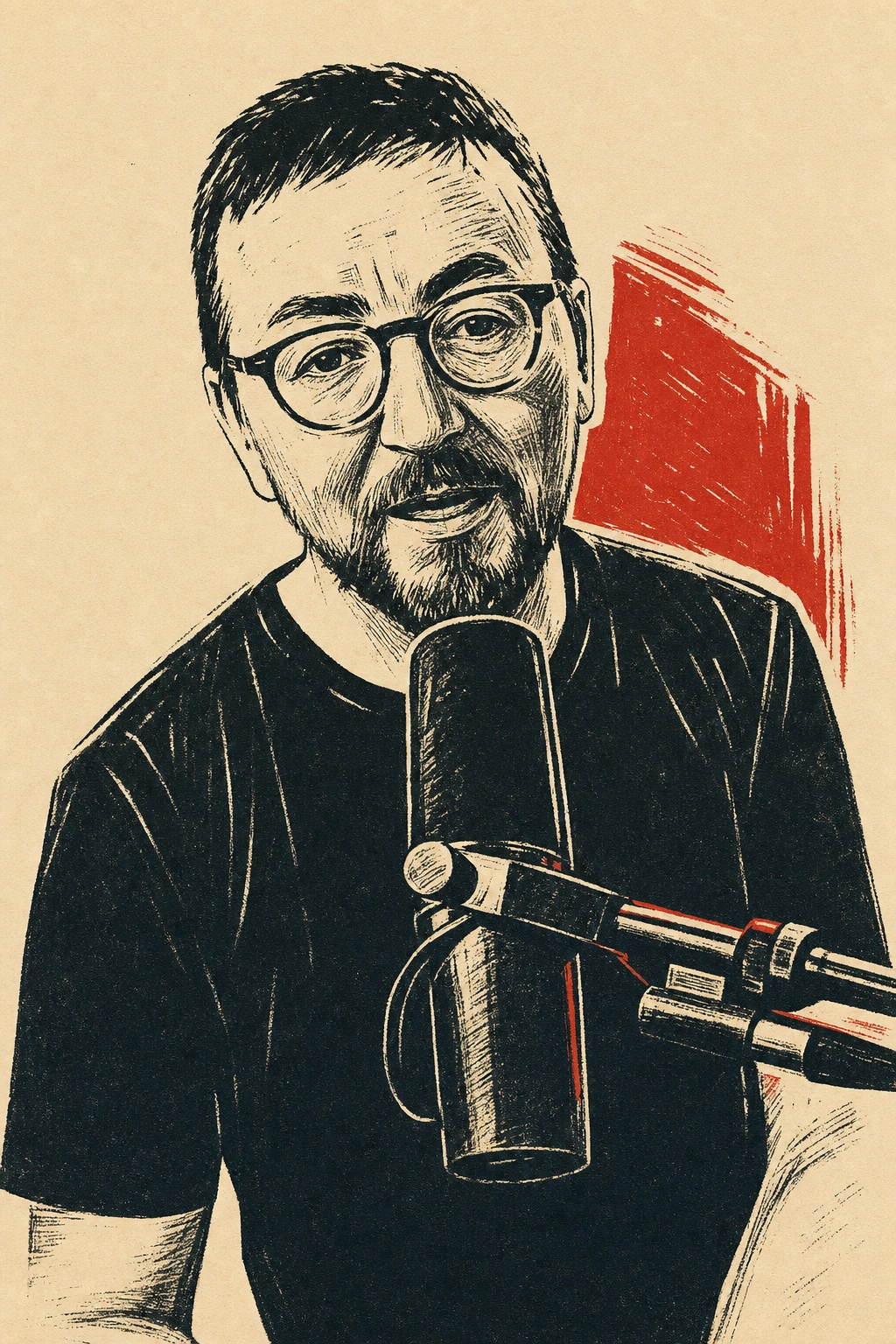 Linocut illustration of Gareth speaking into a microphone, in black and vermilion.