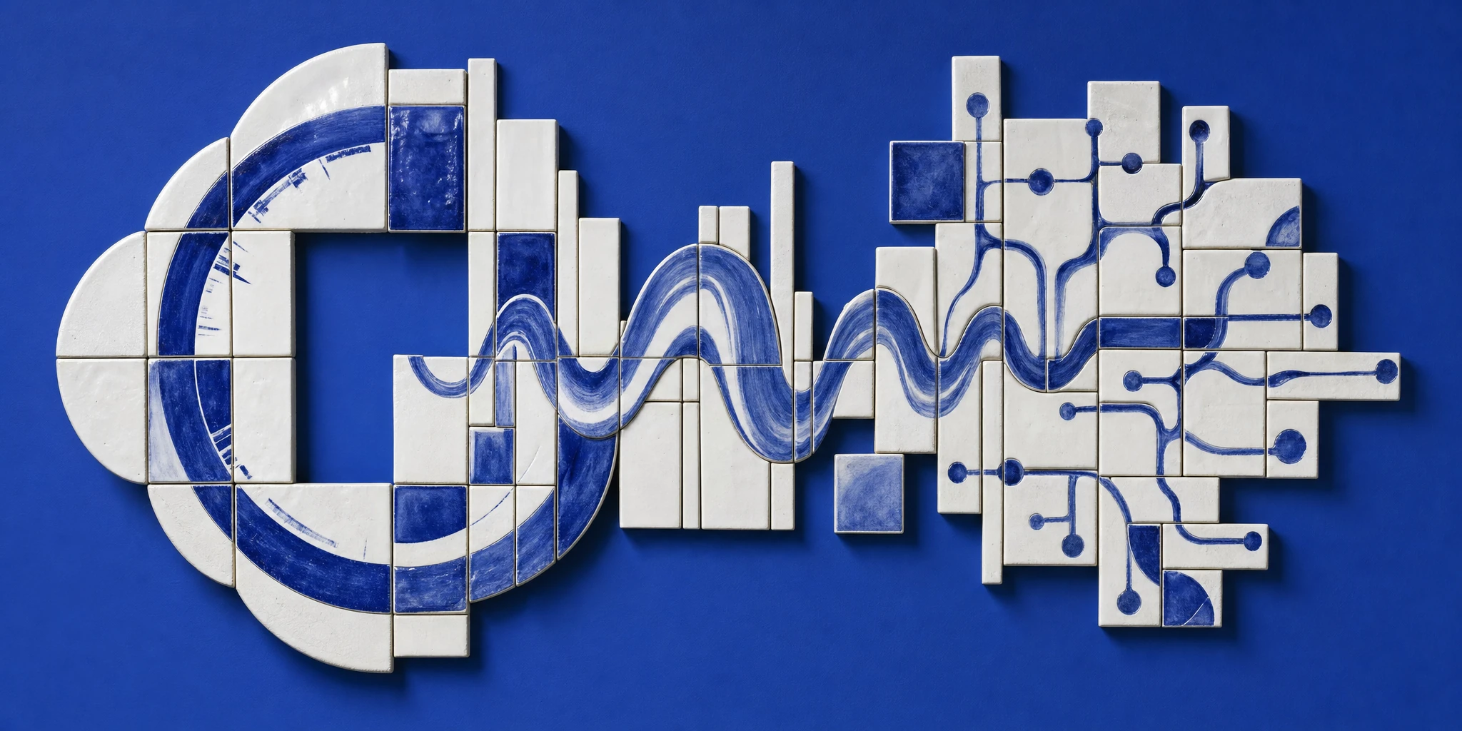 An imagined white ceramic relief: a blue circular arc becomes a sound wave, then branches into a network across irregular tiles.