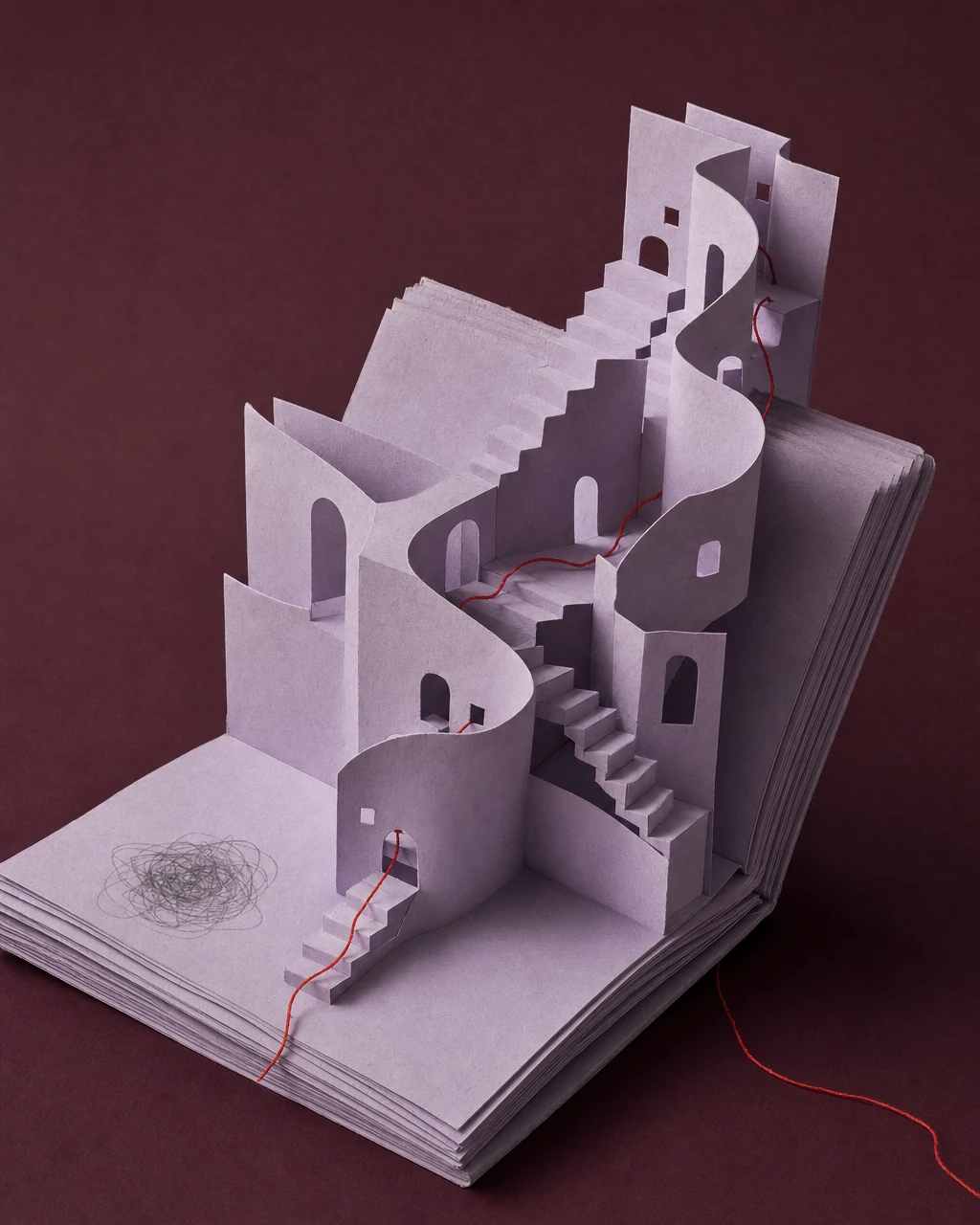 An illustrated lilac artist’s book unfolds into cut-paper steps and arches, with a vermilion thread finding a route through them.