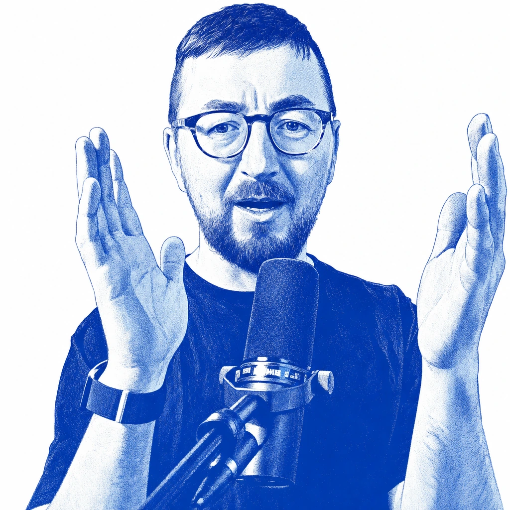 Cobalt screenprint illustration of Gareth, wearing glasses and gesturing as he speaks into a microphone.