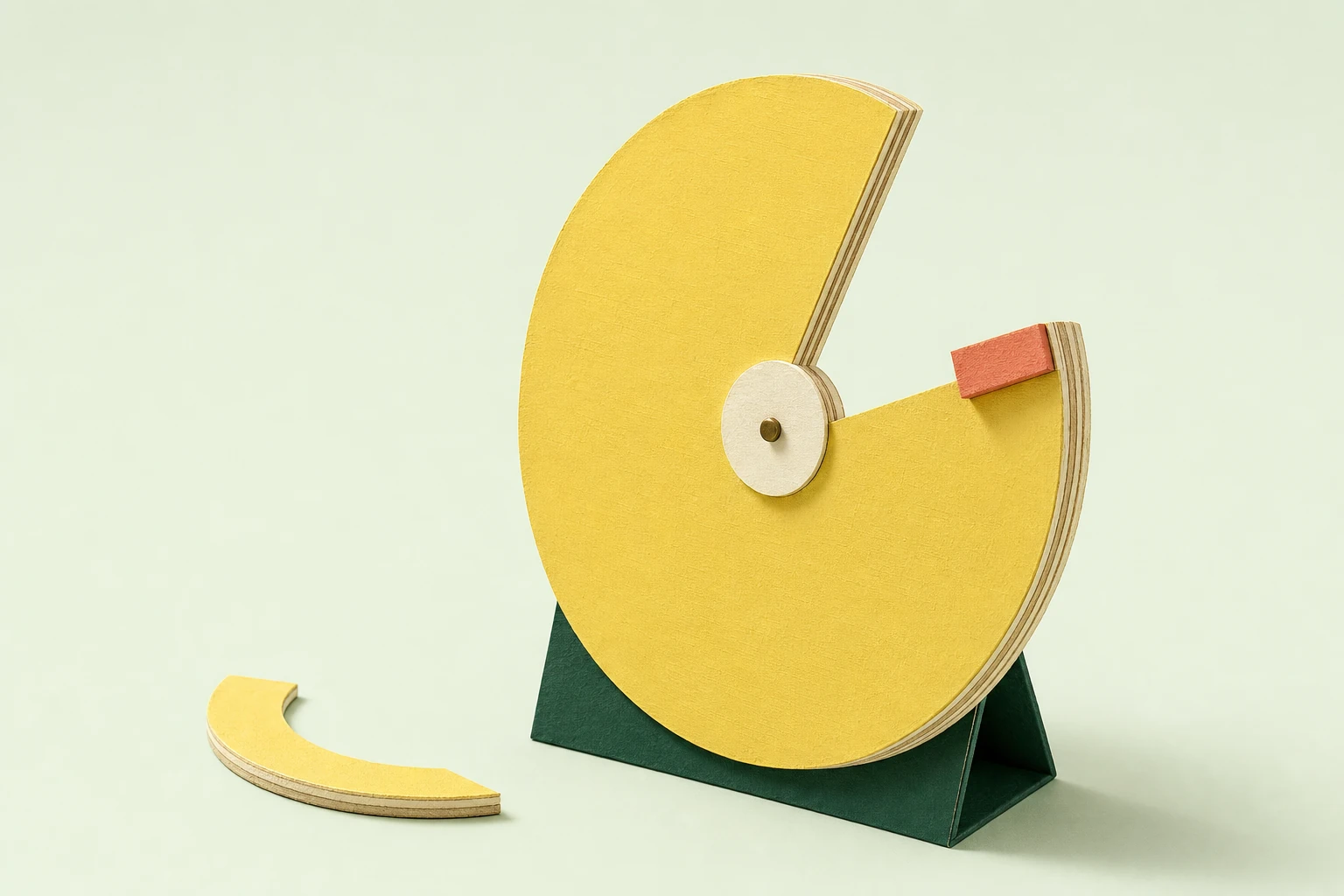 An illustrated yellow paper-and-plywood wheel with a missing wedge and a small coral checkpoint gate.