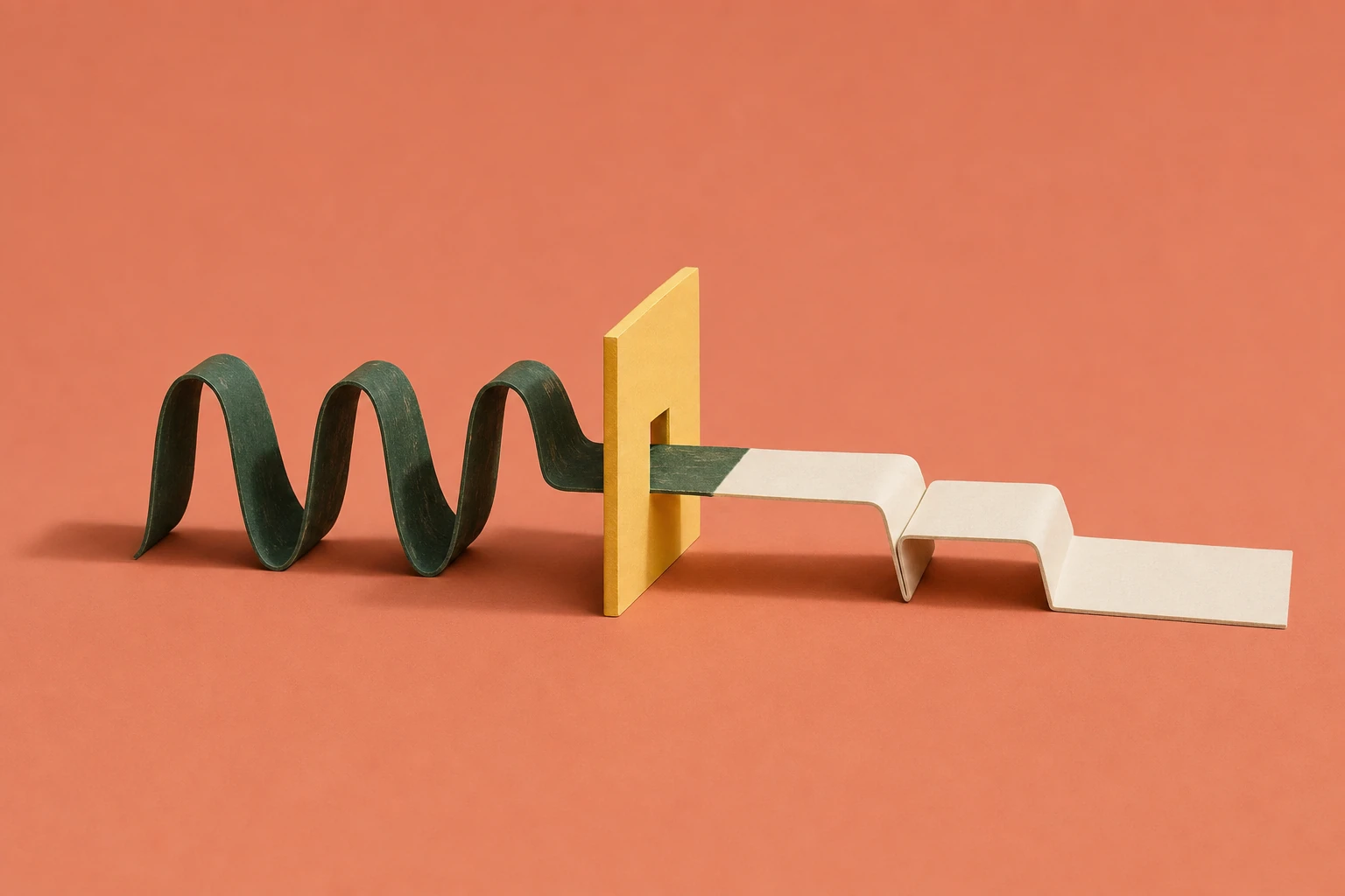 An illustrated green paper sound wave passing through a yellow slot and becoming a flat cream strip.