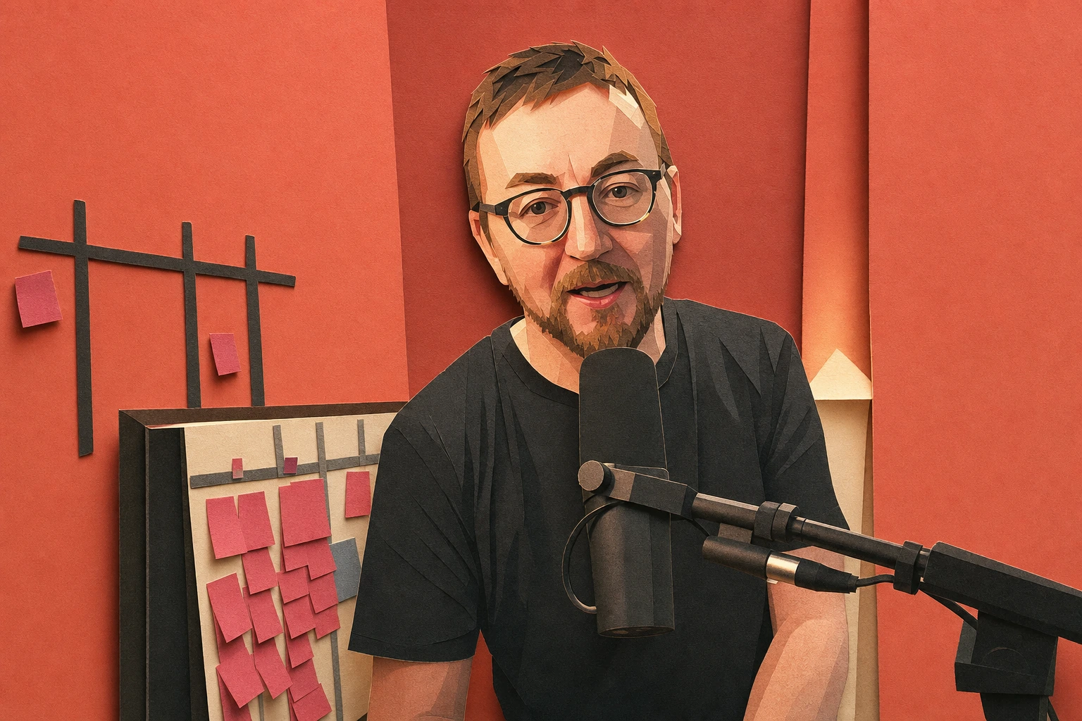 Paper-relief illustration of Gareth, wearing glasses, speaking into his microphone.