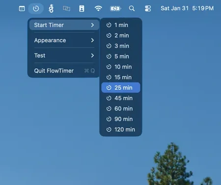 FlowTimer’s macOS menu-bar duration menu, with 25 minutes highlighted