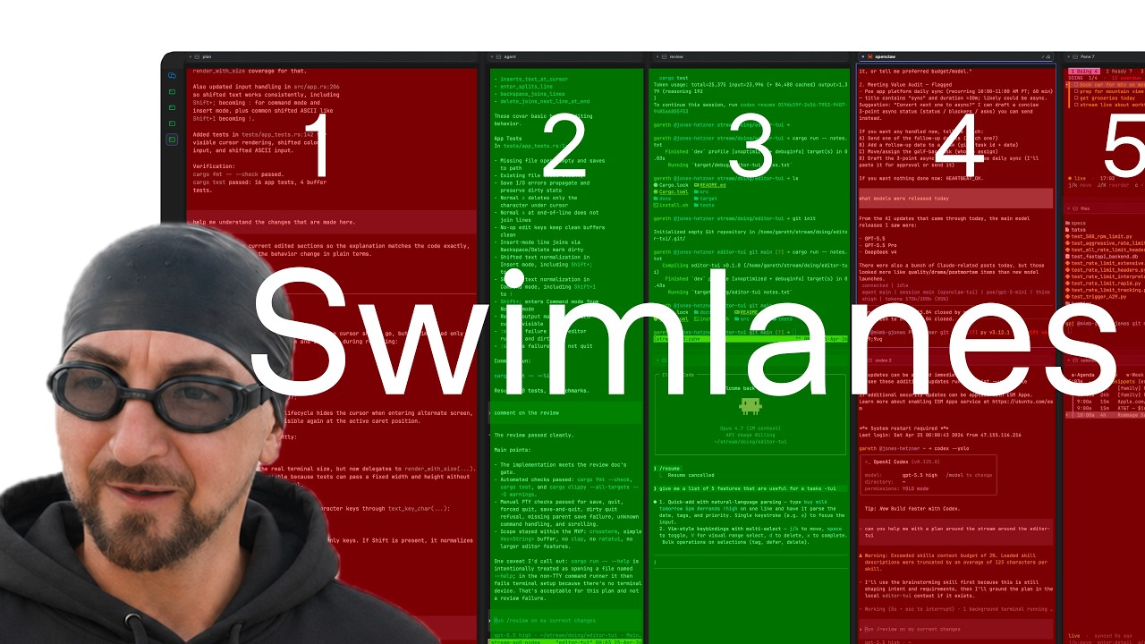 Gareth in swimming goggles in front of separate coding-agent terminal windows; actual video thumbnail