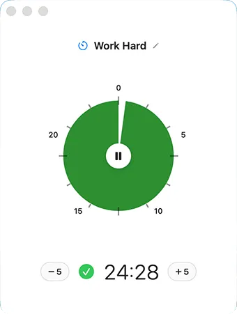 Actual FlowTimer window: a green analog dial, Work Hard task, and 24:28 remaining